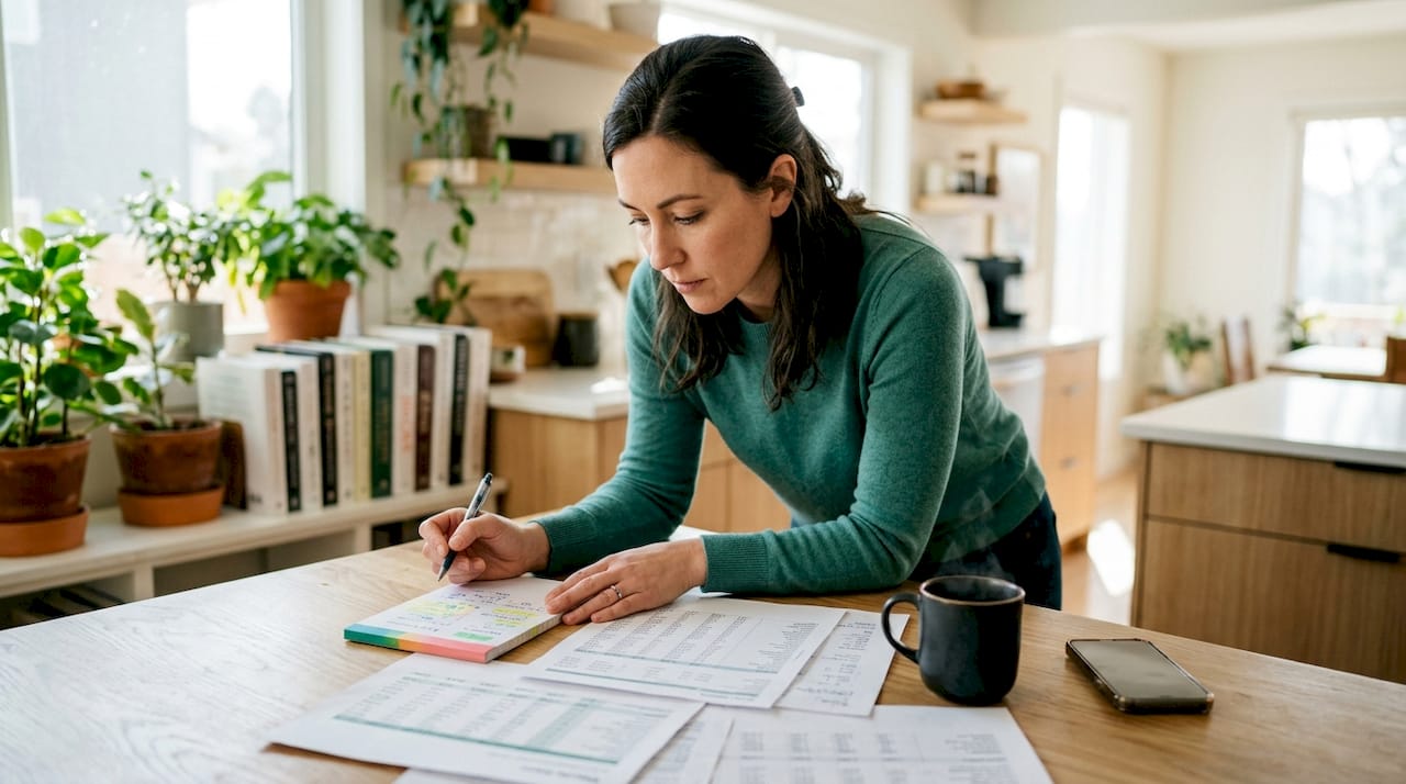 Small business owner reviewing financial documents at desk