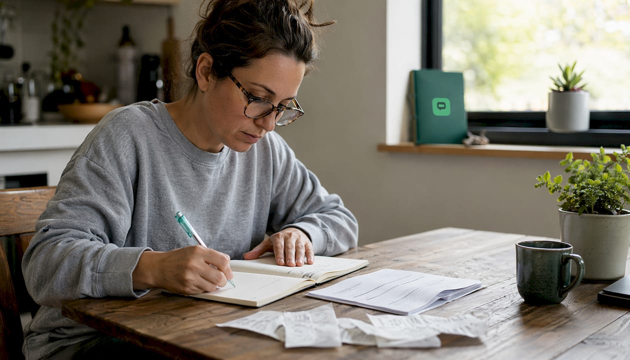 Small business owner managing bank documents at home