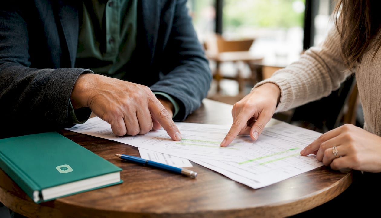 Hands discussing tax documents in office setting