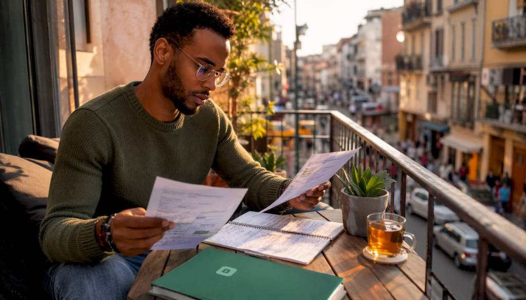 Man reviewing credit loan offers at kitchen table