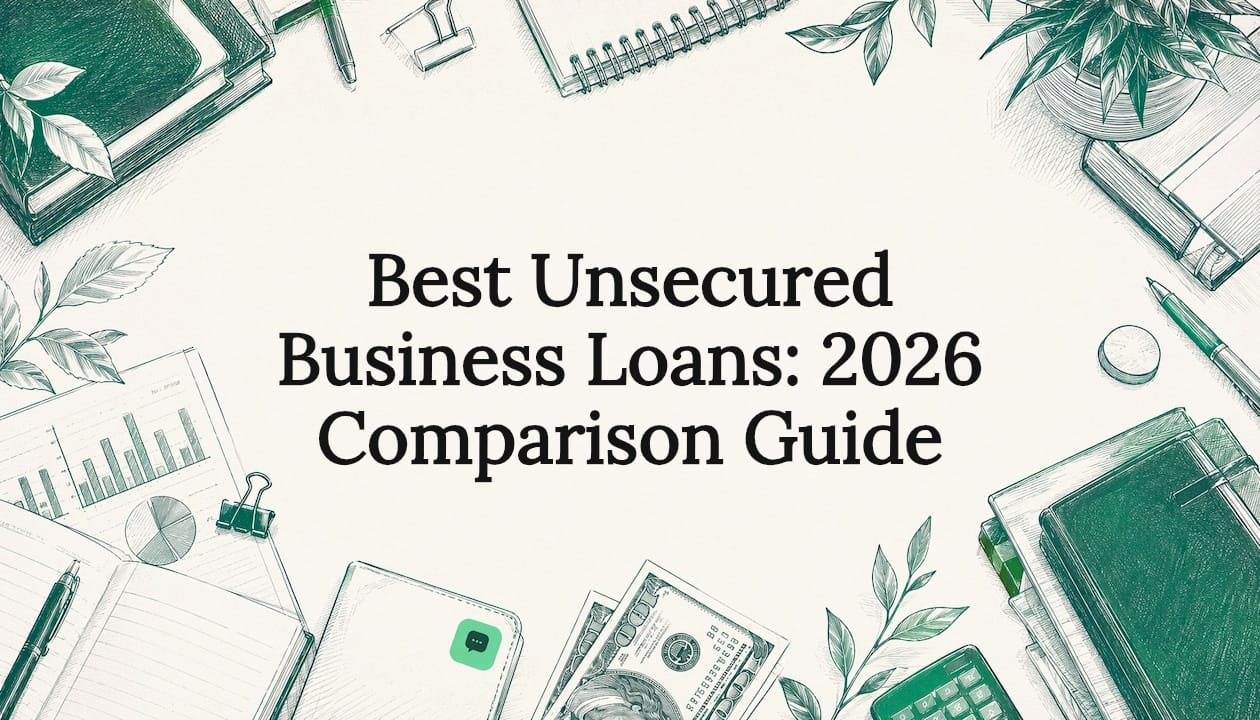 Decorative illustrated title card with business loan motifs
