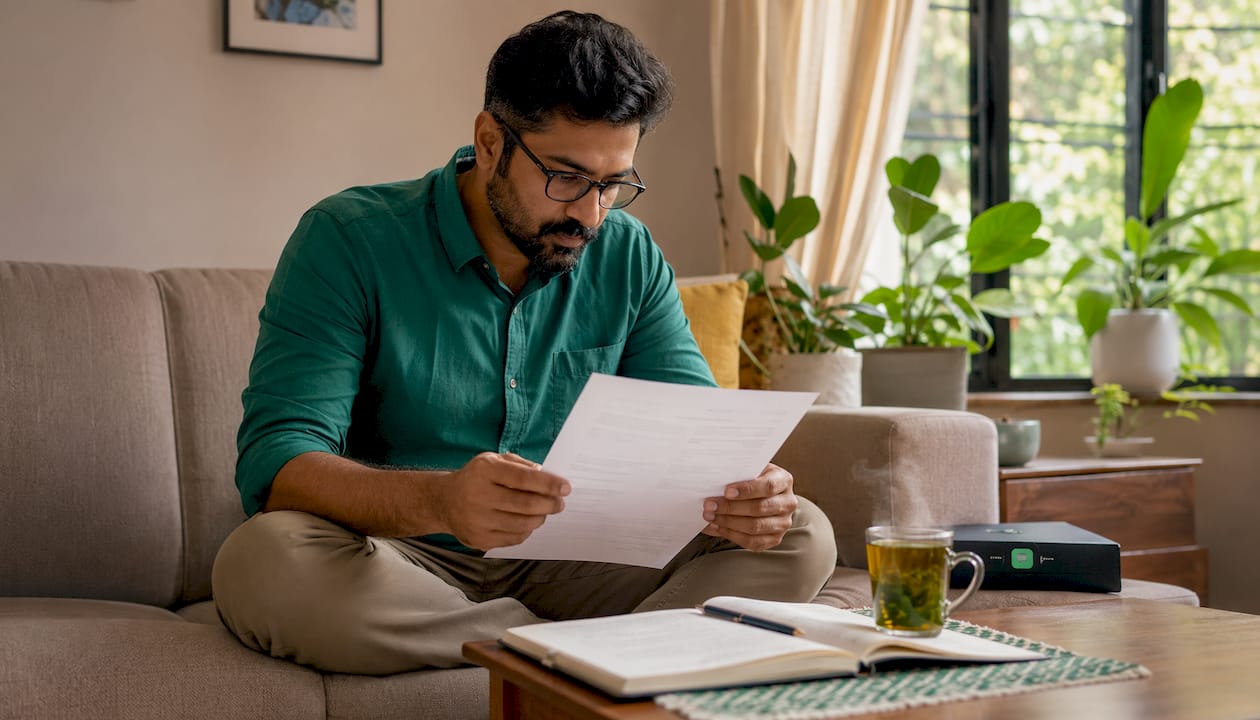 Small business owner reviewing loan documents at desk