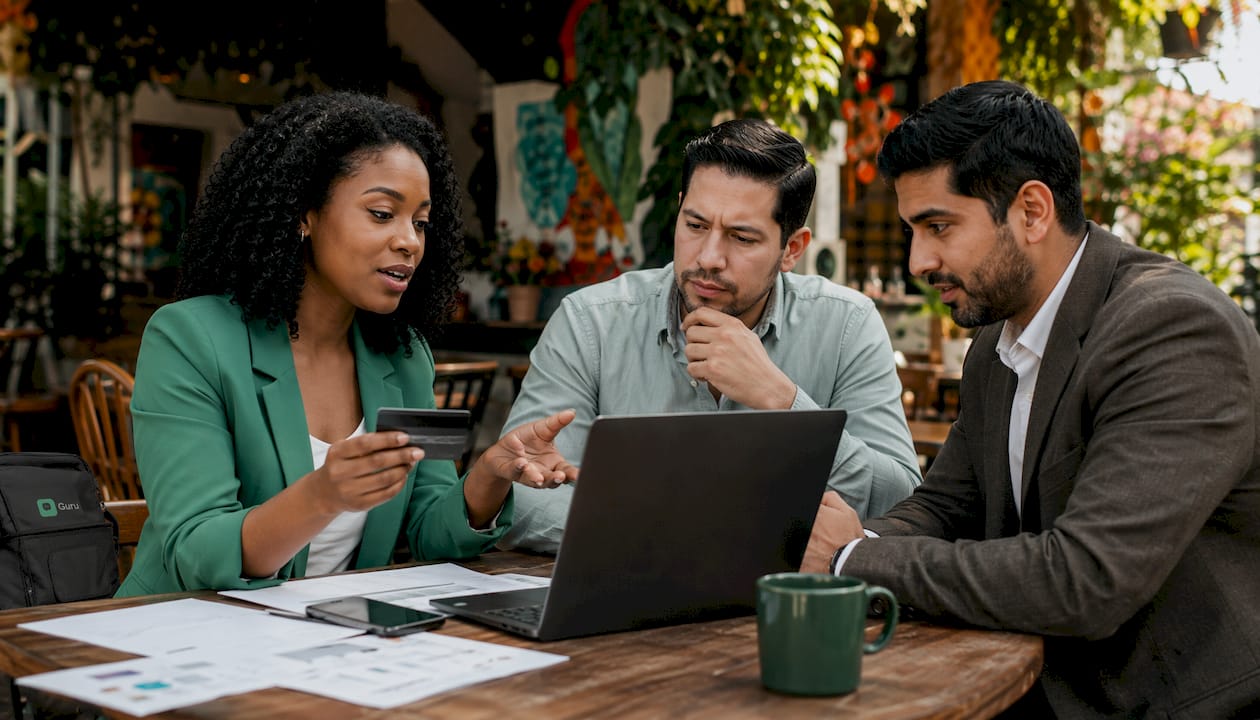Hands holding business credit card over laptop