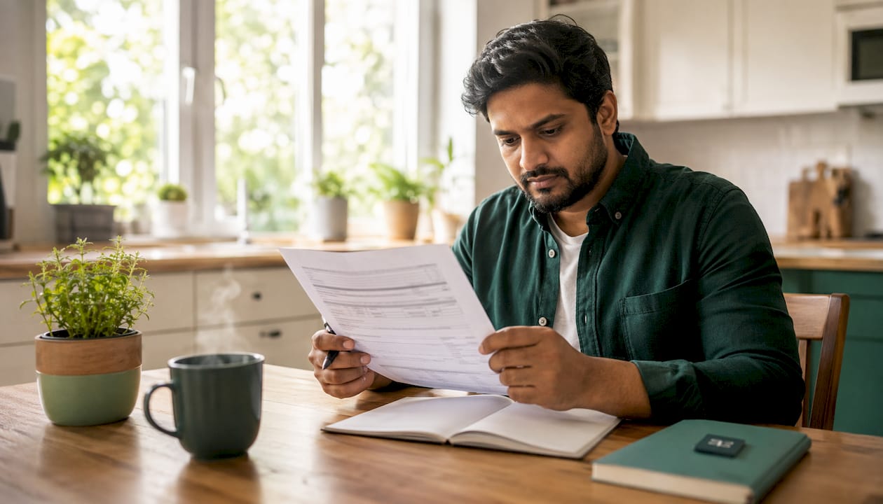 Business owner reviewing loan documents at desk