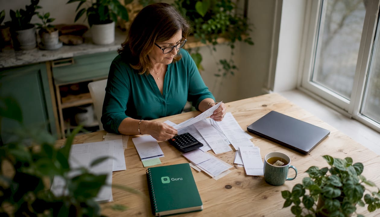 Businesswoman reviewing invoices in home office