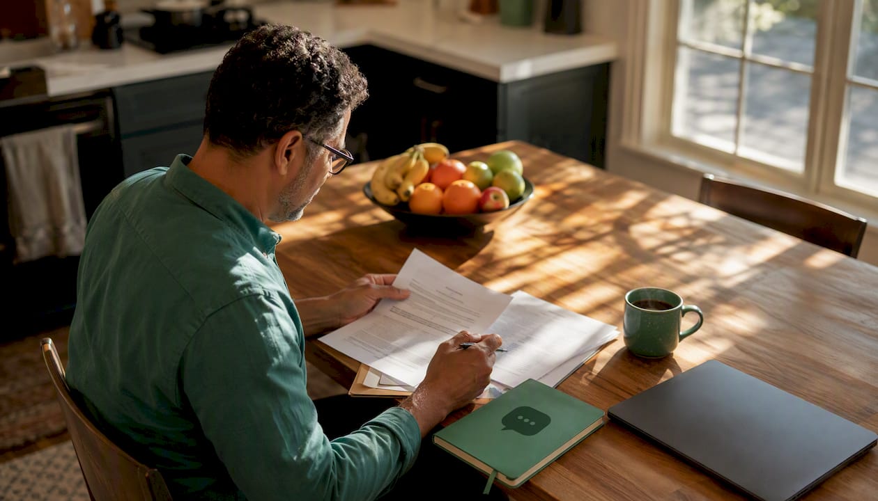 Business owner reviewing loan documents at desk