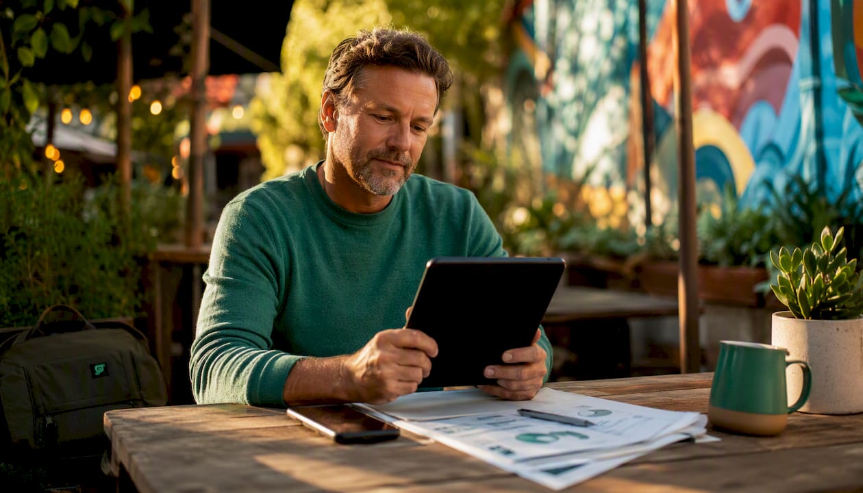 Small business owner analyzing sales data on tablet
