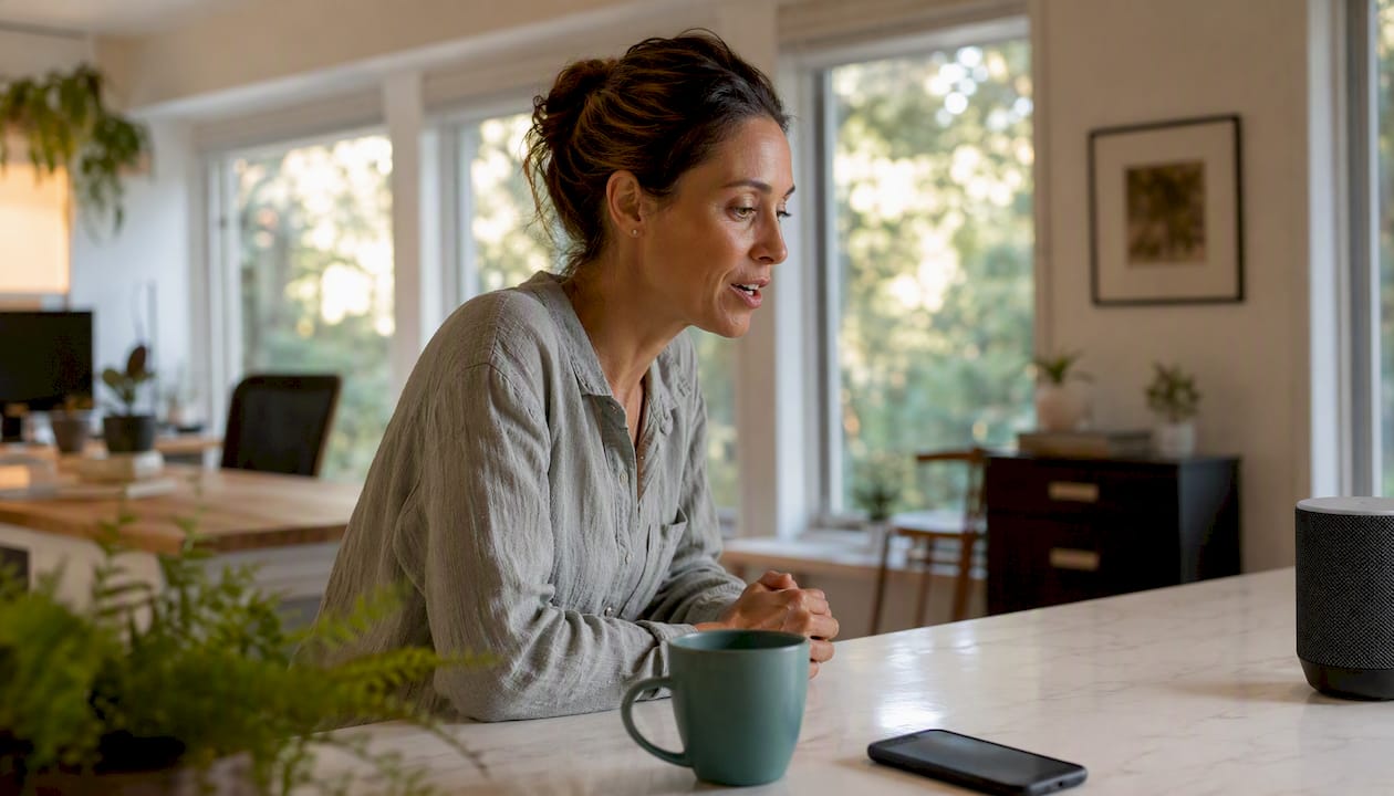 Small business owner using voice assistant for loan matching