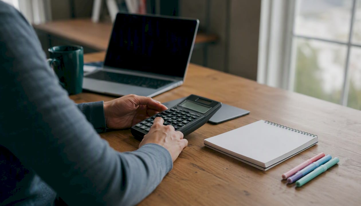 Hands using calculator to figure DTI ratio