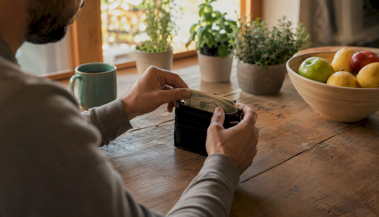 Hands paying down credit card balance with cash