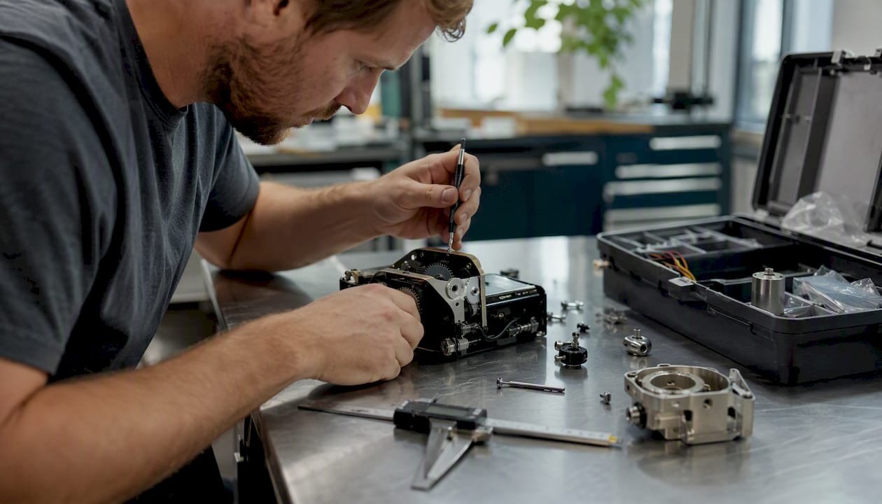 Hands adjusting startup equipment on workbench