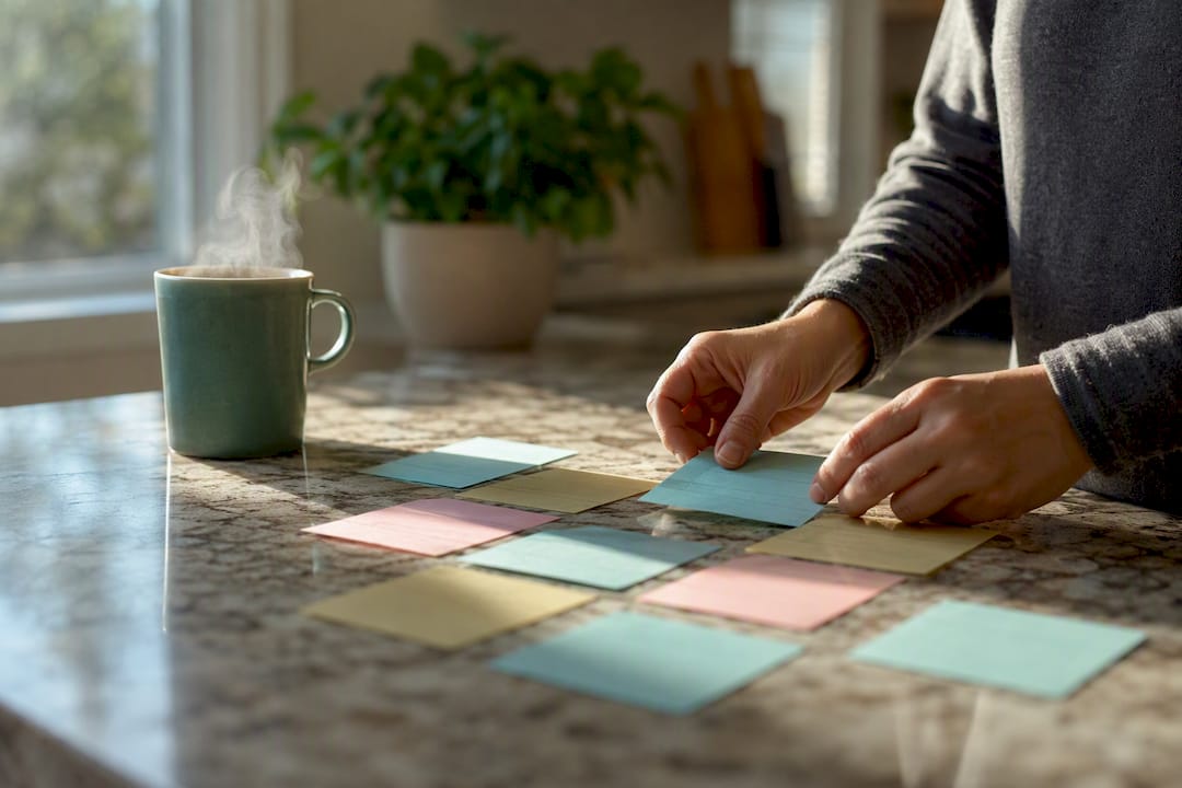Hands arranging checklist cards for financial risks