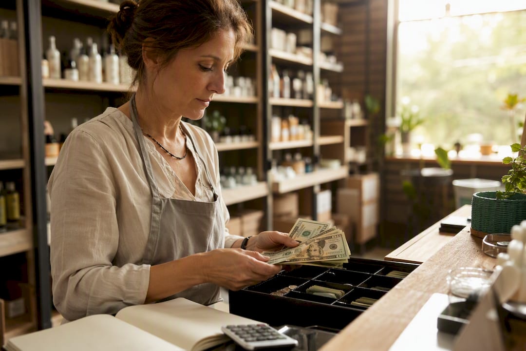 Hands counting cash in small business office