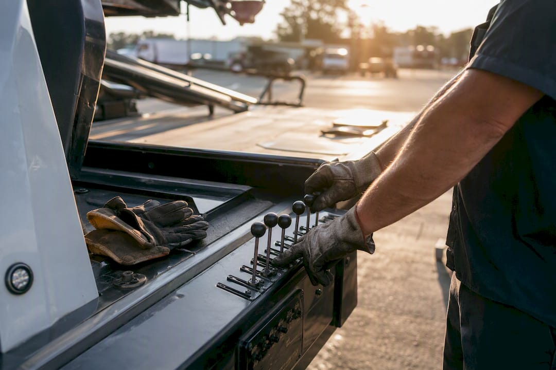 Hands operating tow truck controls