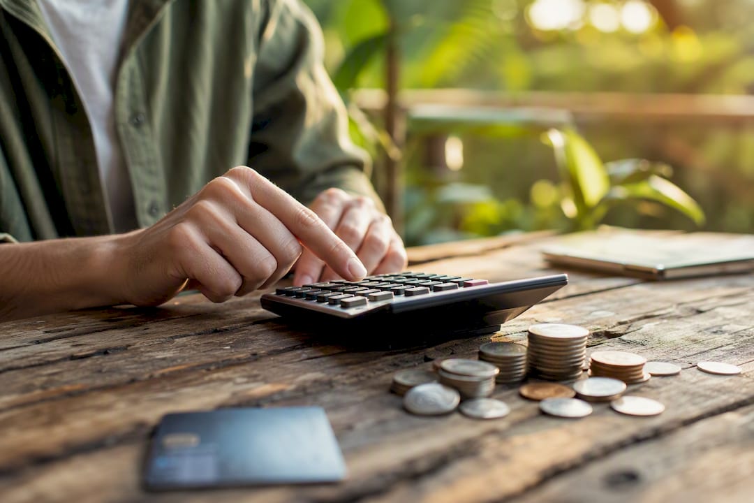 Hands calculating credit payments with calculator