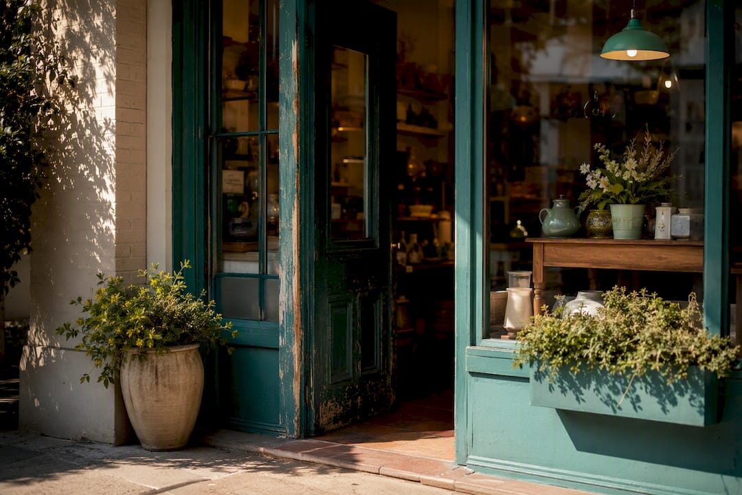 Small business storefront with open sign