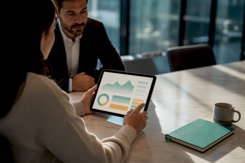 Founder reviewing startup cash flow with analyst