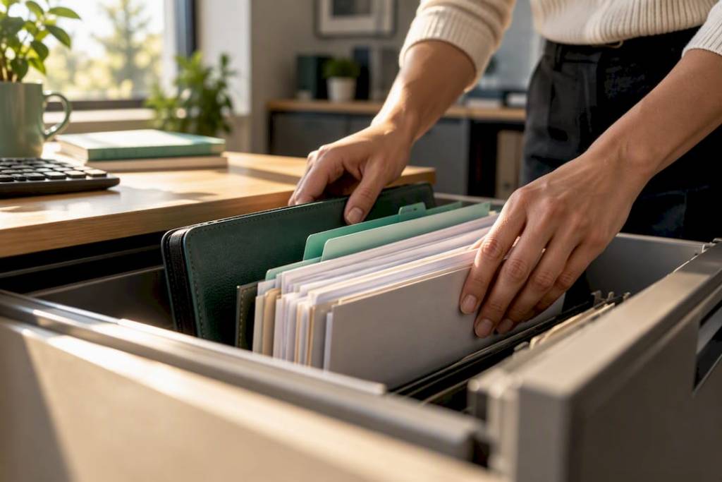 Business owner organizing loan documents