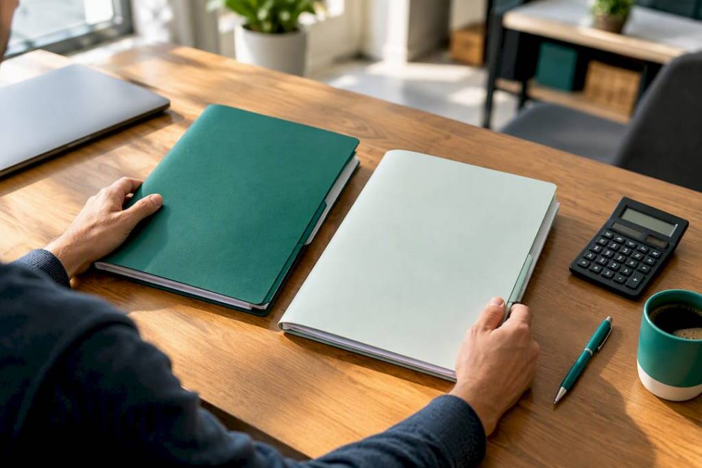 Business owner comparing refinancing documents
